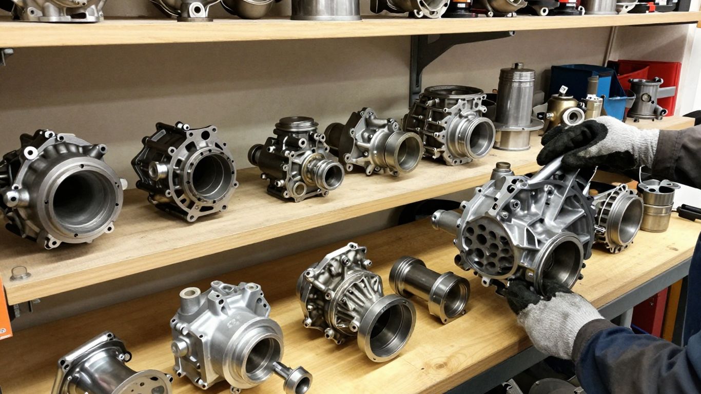 Used transmissions and differentials in a workshop.