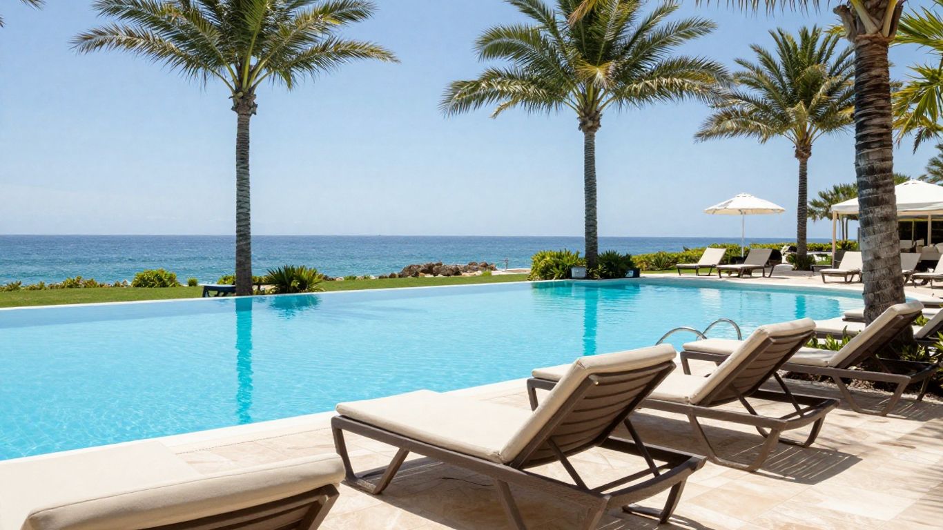 Oaks Nelson Bay resort pool with palm trees and ocean view.