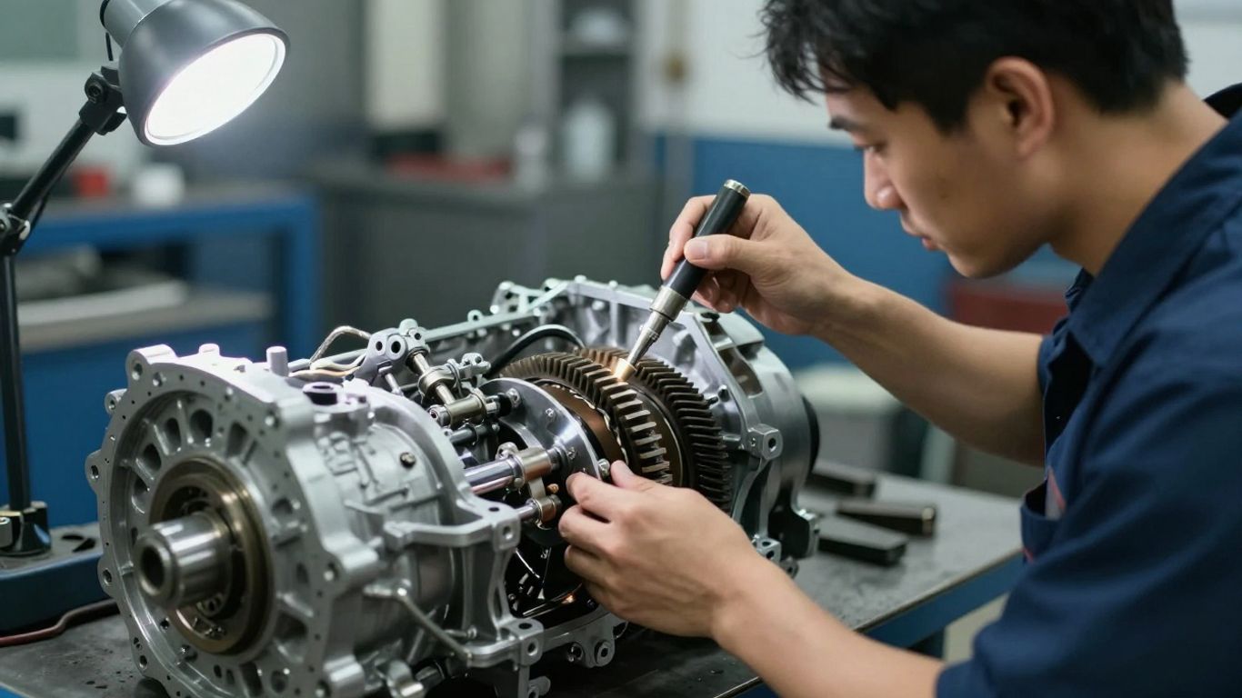 Mechanical technician inspecting a salvaged transmission