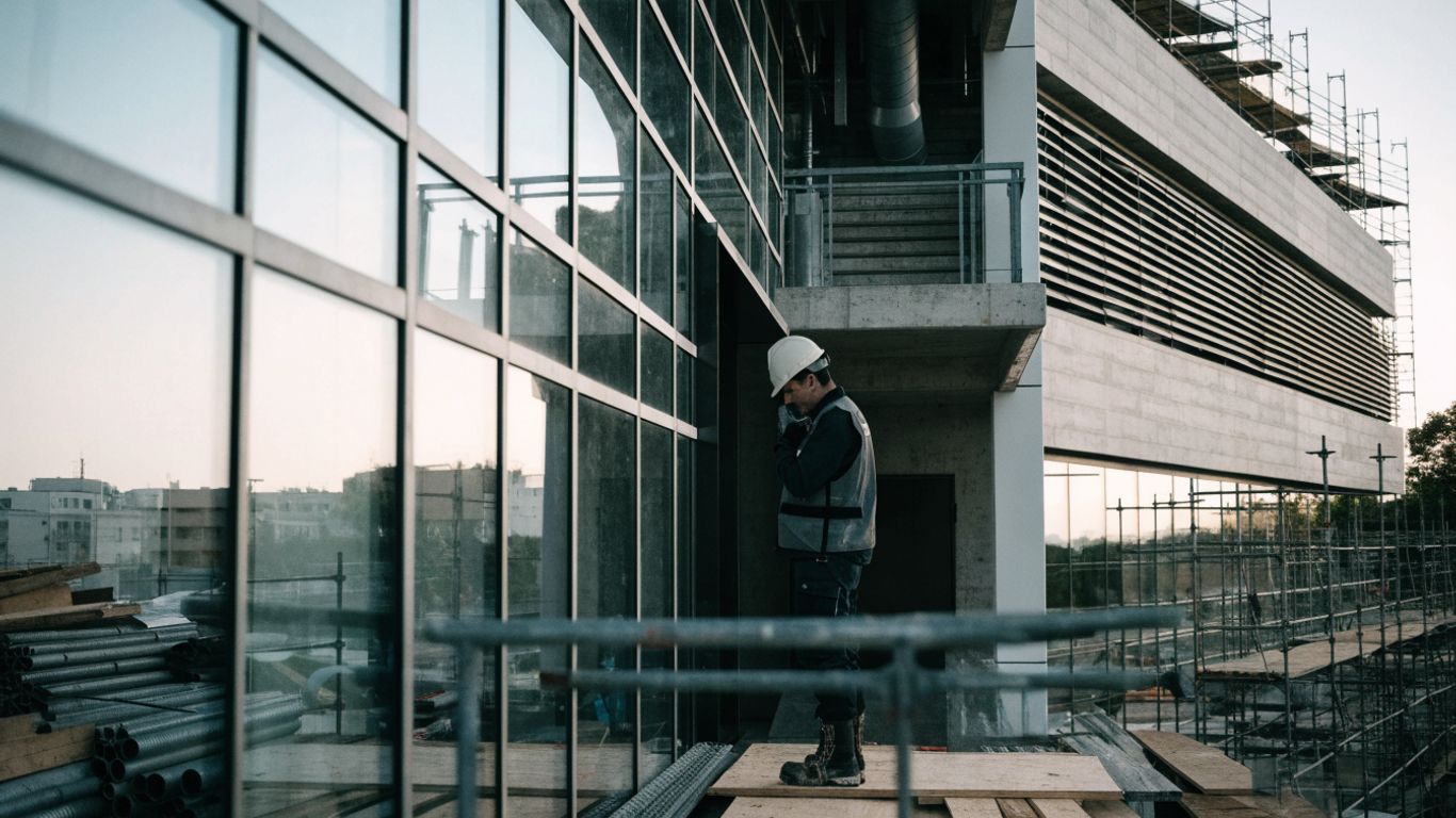 Site engineer inspecting building facade and structure
