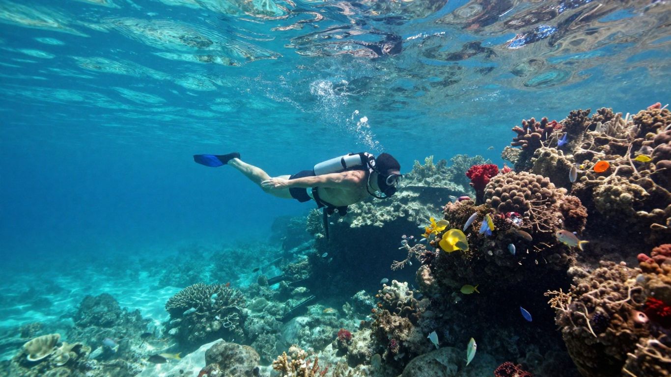 Divers swimming through colourful reefs near the mediterranean coast