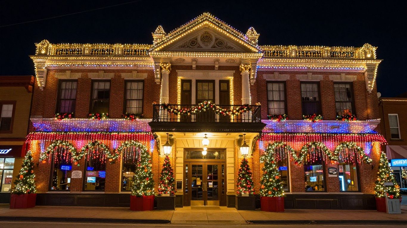 Belleville business decorated with bright Christmas lights at night.