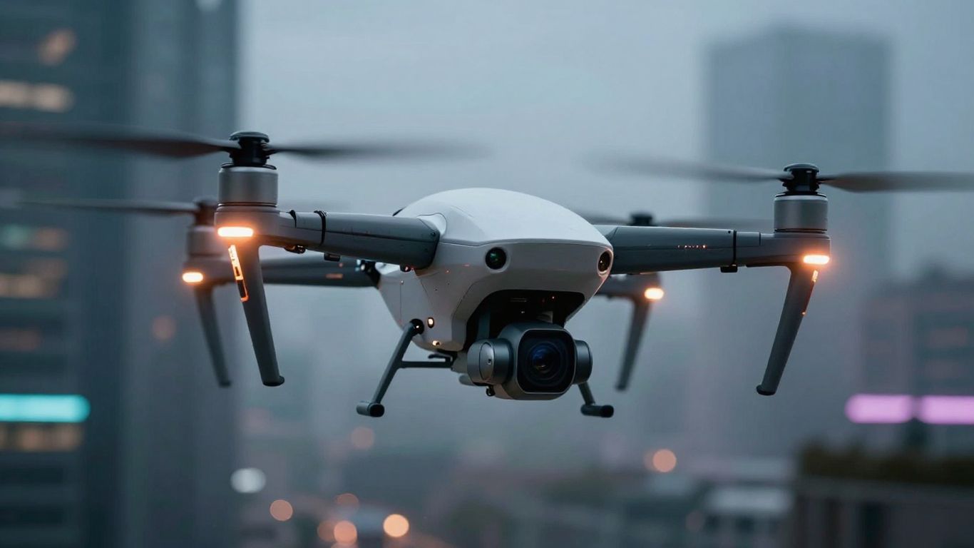 Futuristic drone with glowing sensors in mid-air.