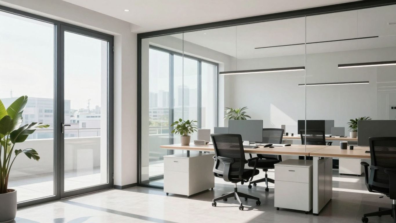 Modern windows and doors in a bright office.
