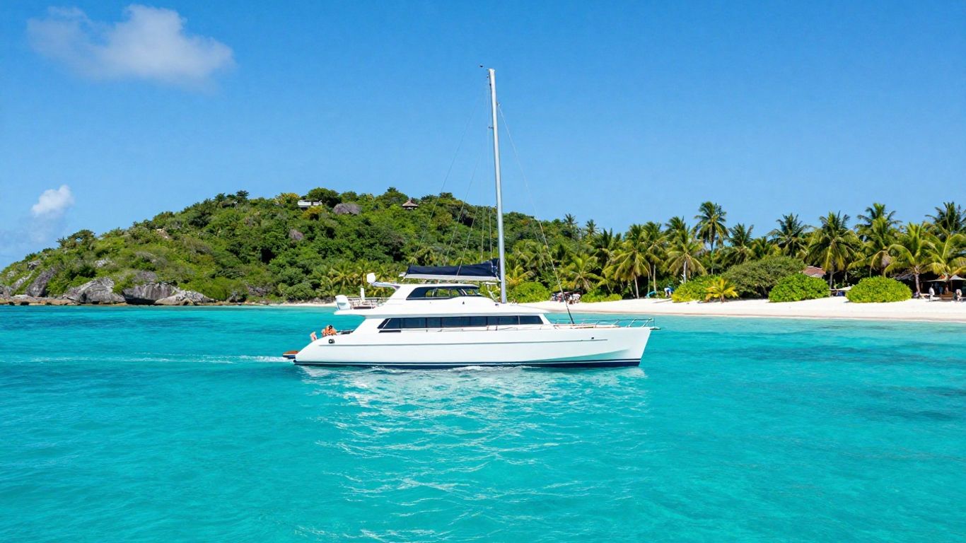 Catamaran sailing in clear turquoise waters near Tortola islands.