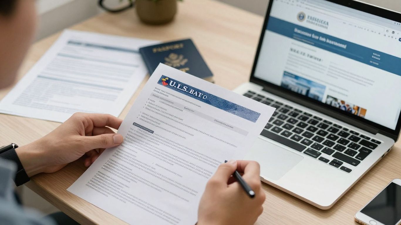 Traveler reviewing U.S. visa categories at a desk