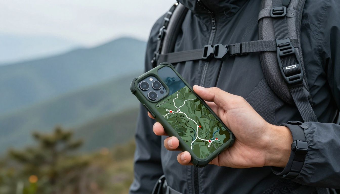 A person hiking in the Blue Mountains, taking their phone with a rugged, dark green case out of their backpack pocket to check the trail.