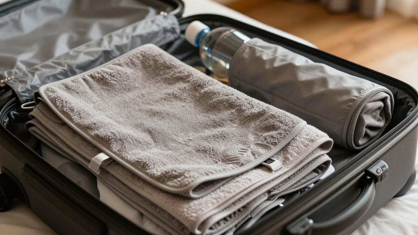 Foldable travel yoga mat near suitcase