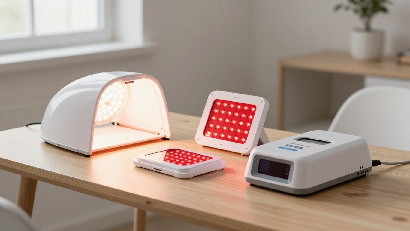 Verschiedene Lichttherapiegeräte auf einem Tisch