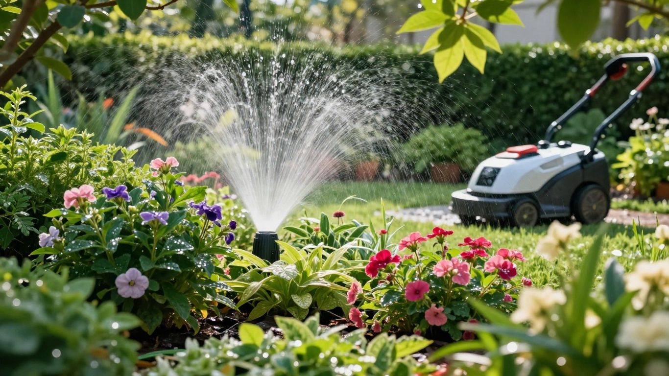Automatisierter Garten mit Rasenmähroboter und Bewässerungssystem
