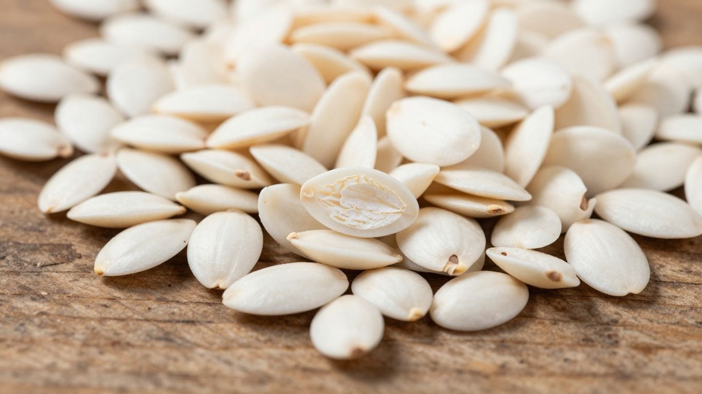 Puffed makhana seeds scattered on a wooden surface.