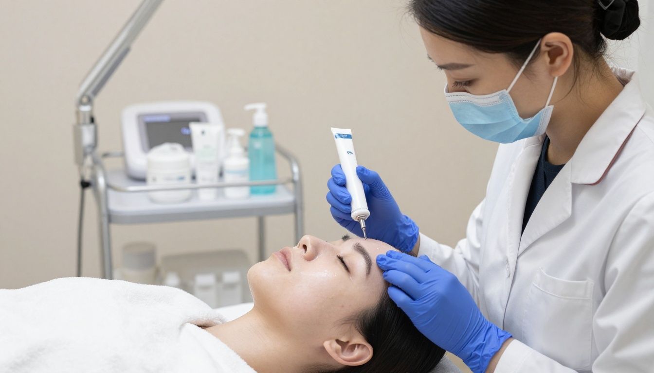 A professional aesthetician preparing a treatment room with medical-grade skincare products