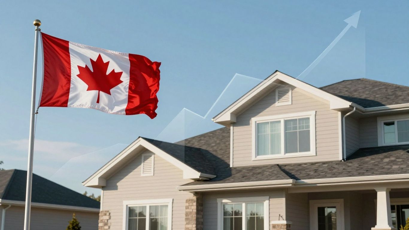 Canadian flag and house with rising financial graph.