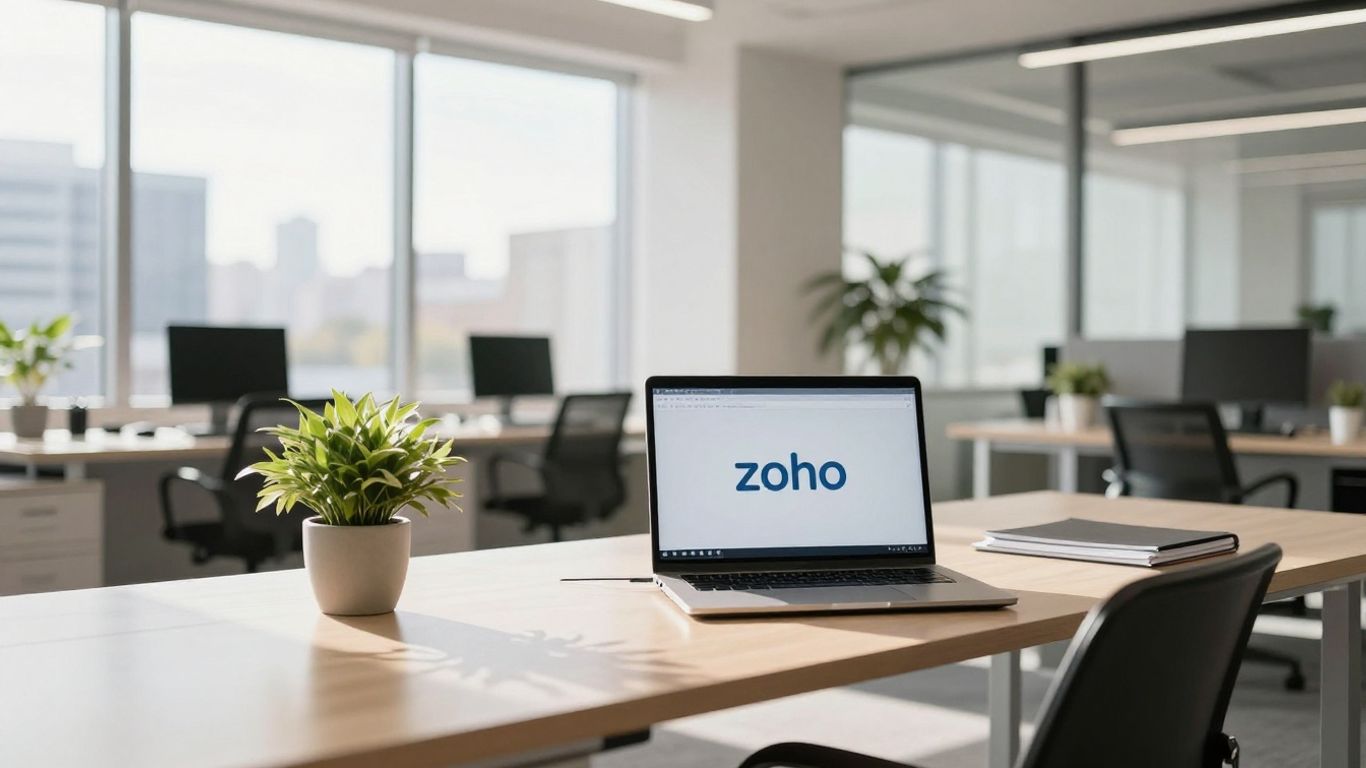 Zoho logo on a laptop screen in an Australian office.
