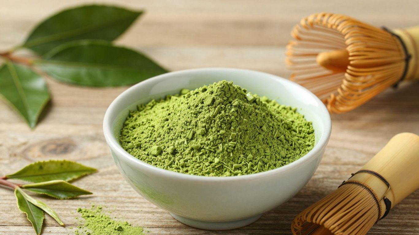 Matcha powder, whisks, and tea leaves in a bowl.