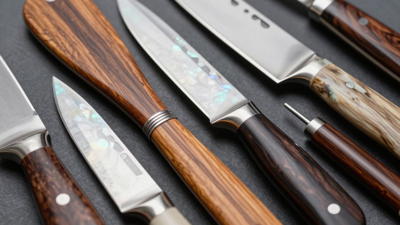 Luxury knife handles made of wood, pearl, and horn.