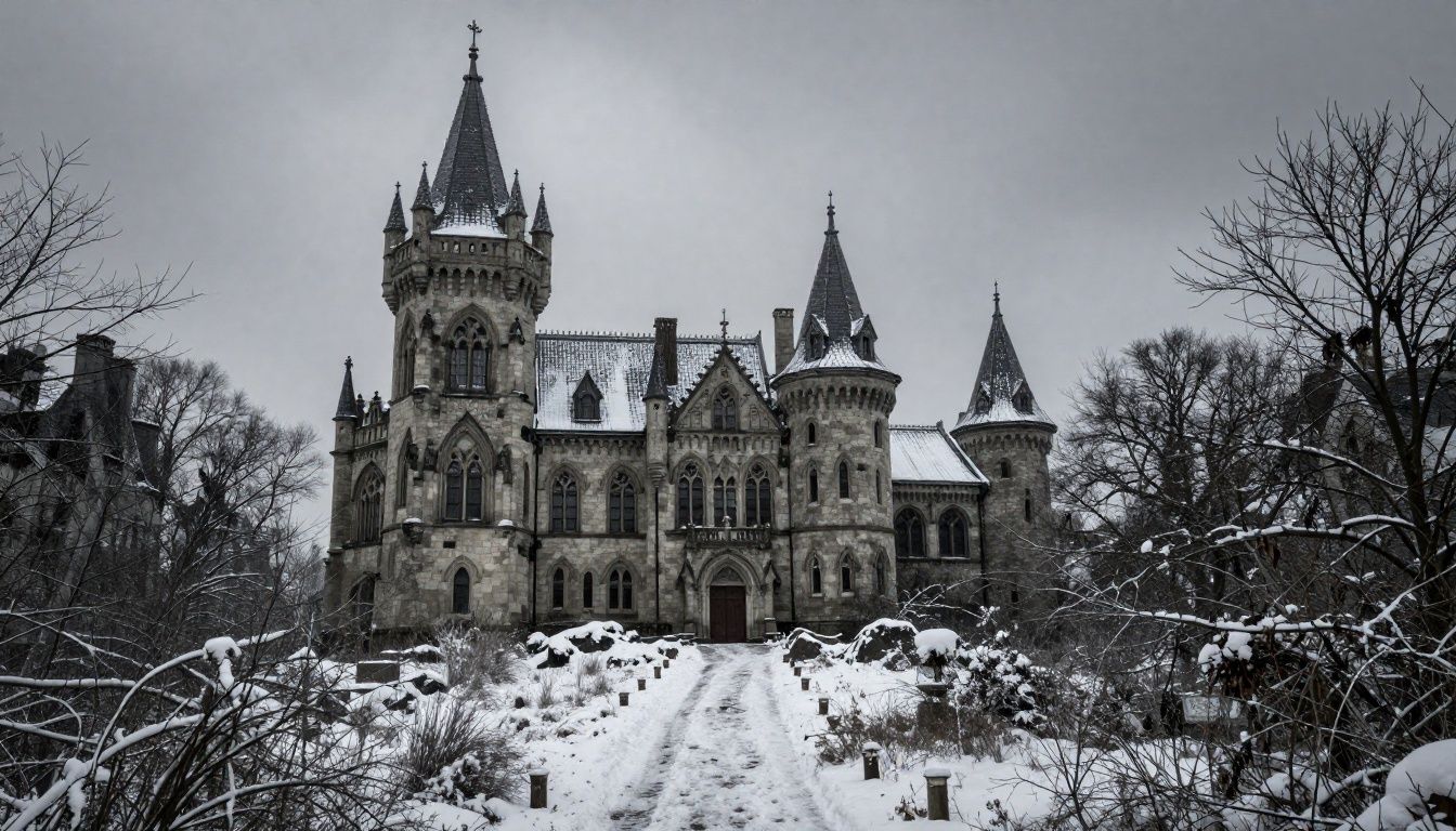Vista panorâmica sombria de um castelo gótico cercado por neve com uma atmosfera de mistério