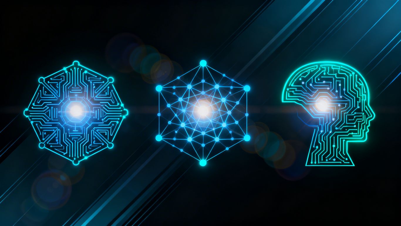 Three glowing AI models challenging rivals.