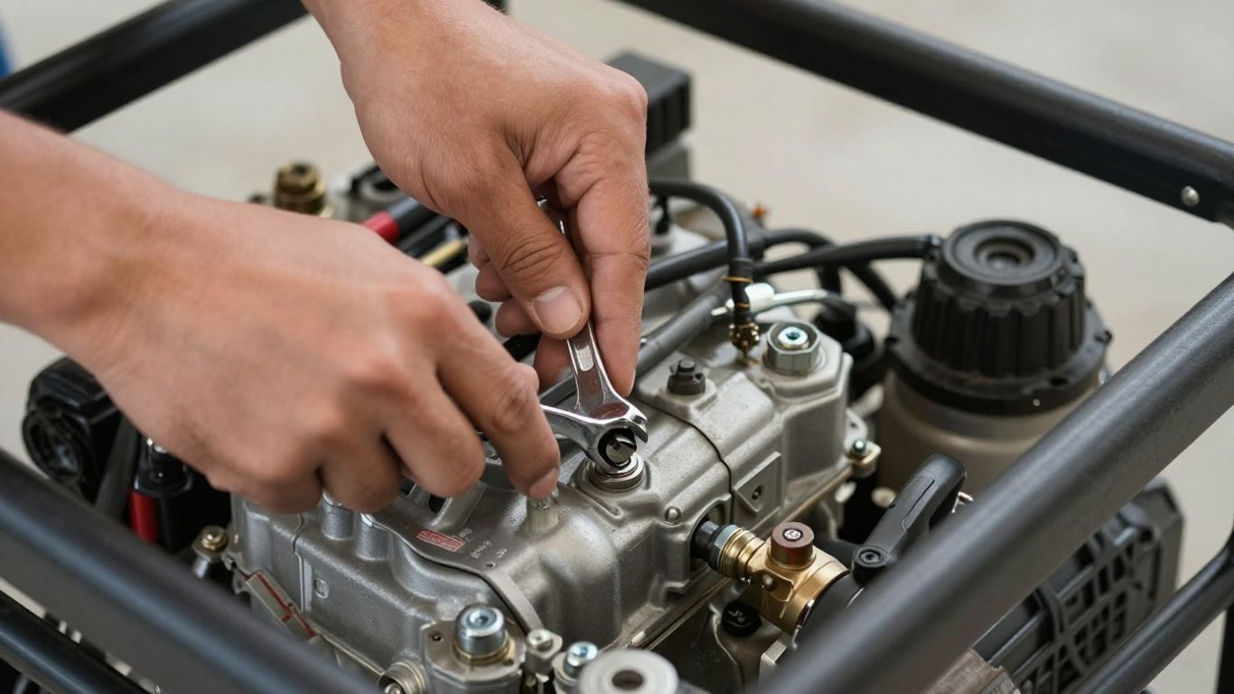 Hands maintaining a backup generator with a wrench.