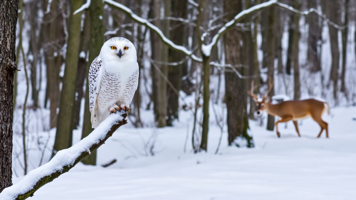 Winter wildlife in Western NY: owl and deer.