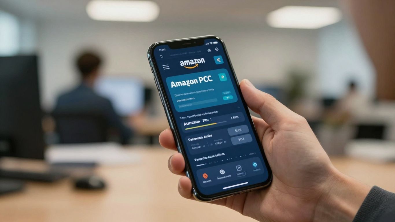 Hand holding smartphone with Amazon PPC dashboard