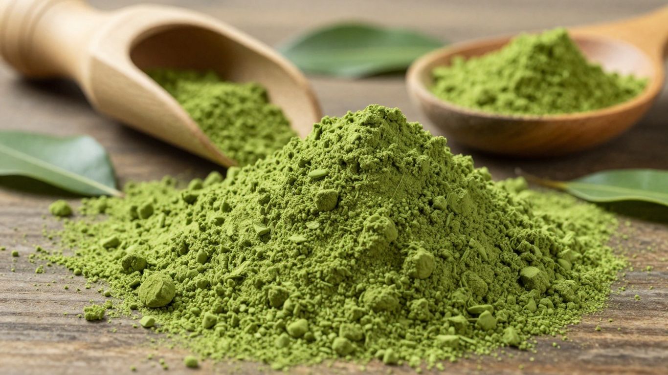 Vibrant green matcha powder in a bamboo scoop and wooden bowl.
