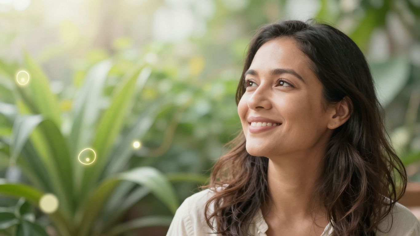 Mulher sorrindo olhando para o futuro com esperança.
