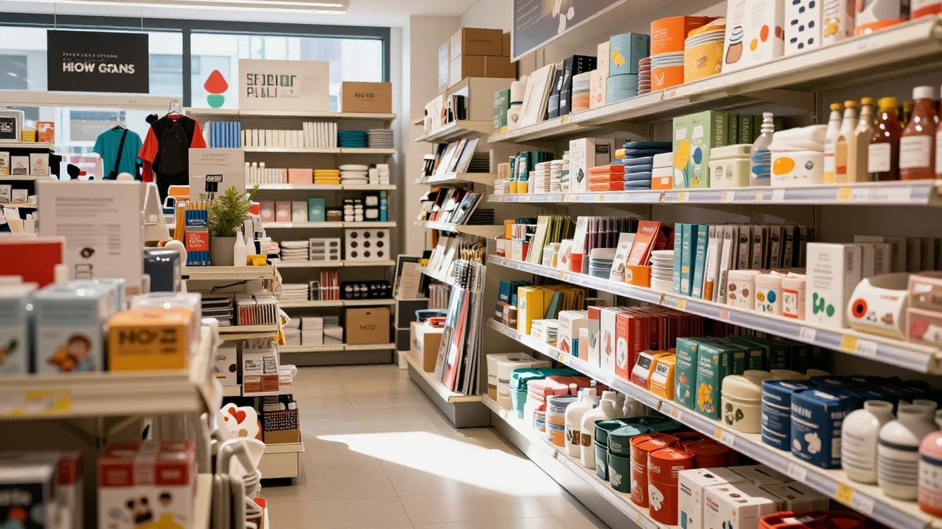 NOZ store interior with diverse merchandise and colorful displays.