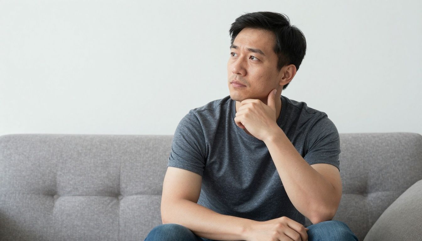 A man in his late 30s sits on his couch, looking thoughtfully into the distance, reflecting on his energy and motivation.