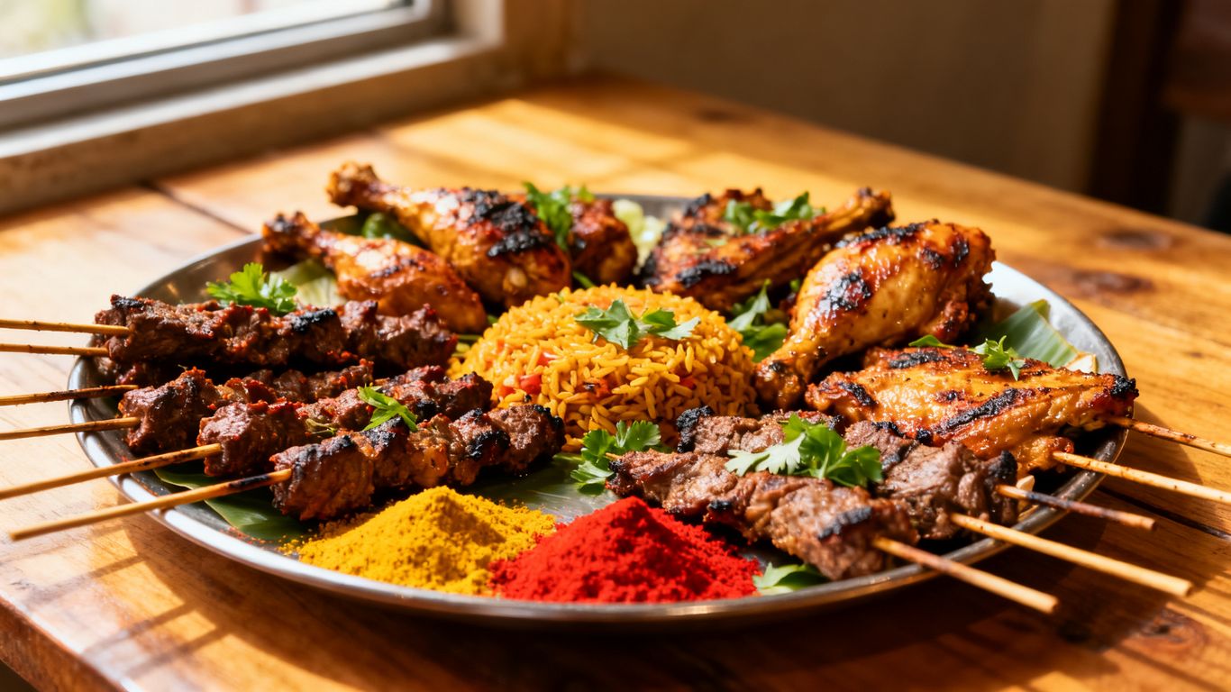 A vibrant, expertly plated Suya platter center of table