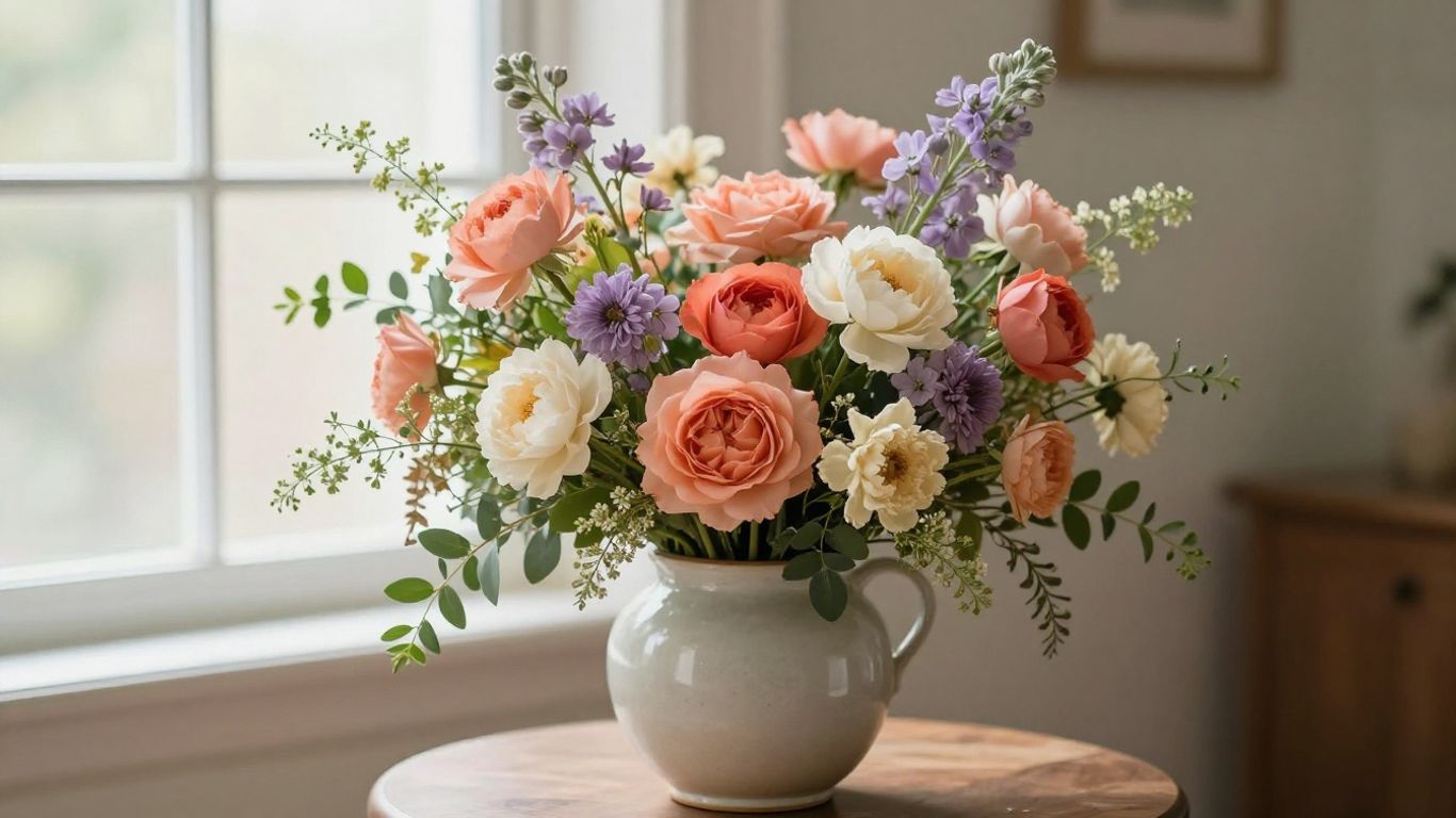 Colorful seasonal bouquet in a ceramic vase