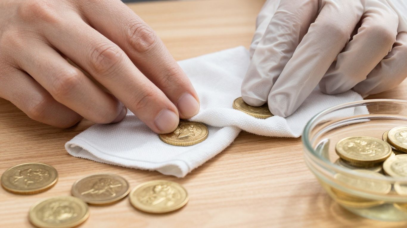 تنظيف العملات الذهبية باستخدام القفازات وقطعة قماش ناعمة