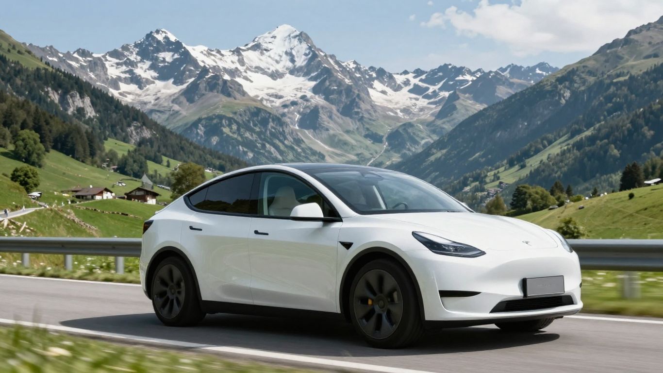 Tesla Model Y fährt auf Schweizer Bergstraße