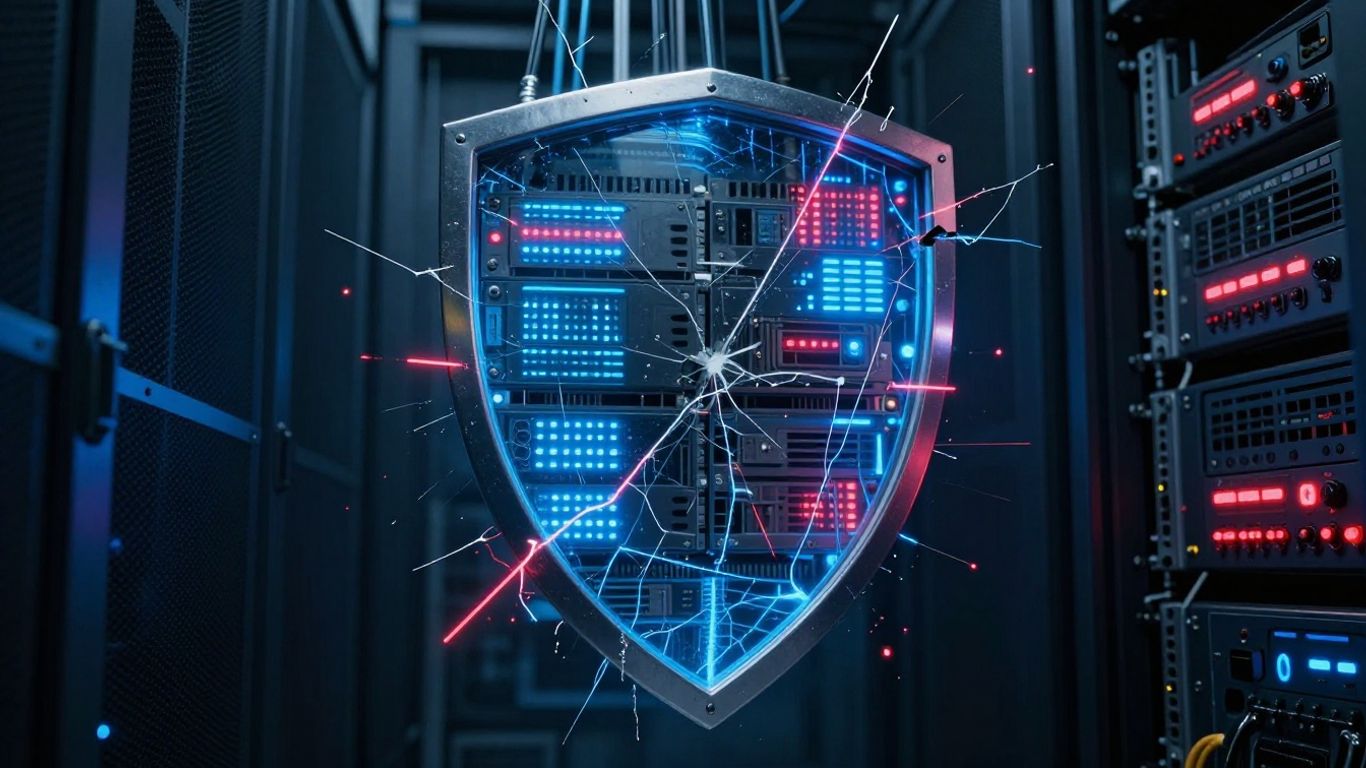 Digital shield damaged over servers after cyberattack.