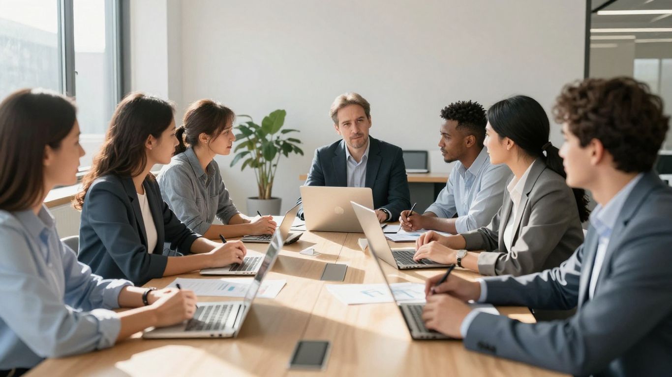 Professionals collaborating in a bright, modern office.