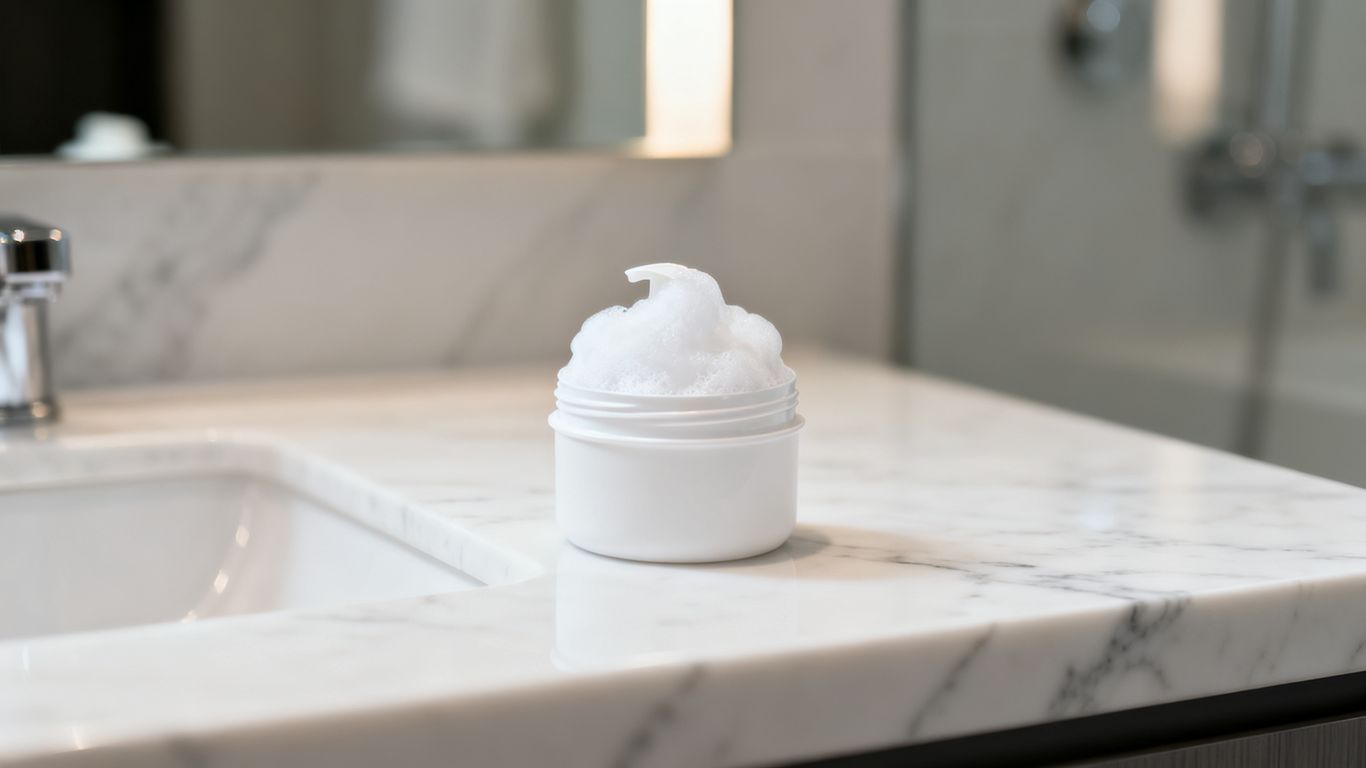 A dropper bottle on a marble countertop