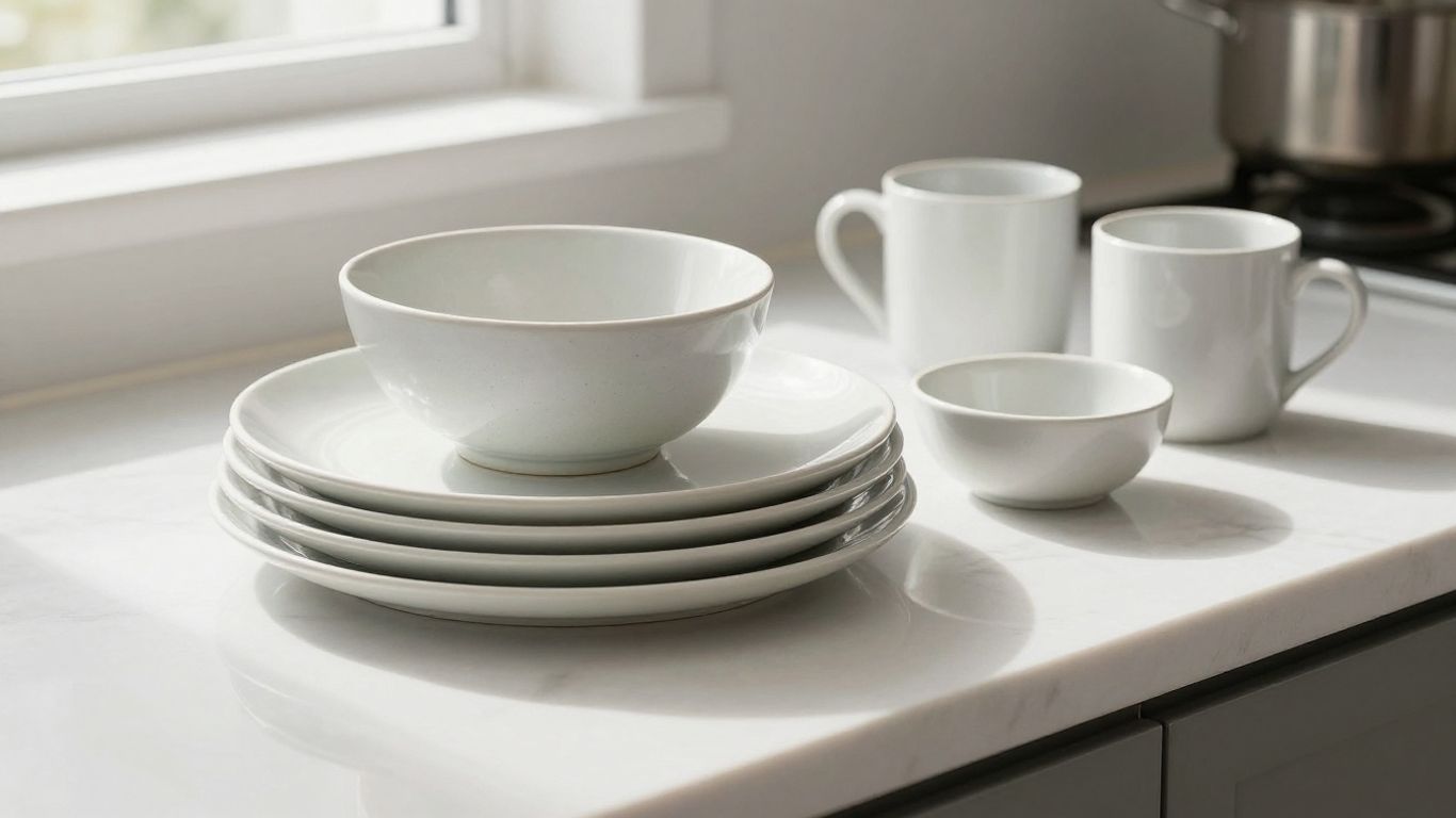 Chip-resistant dinnerware set on a kitchen counter.