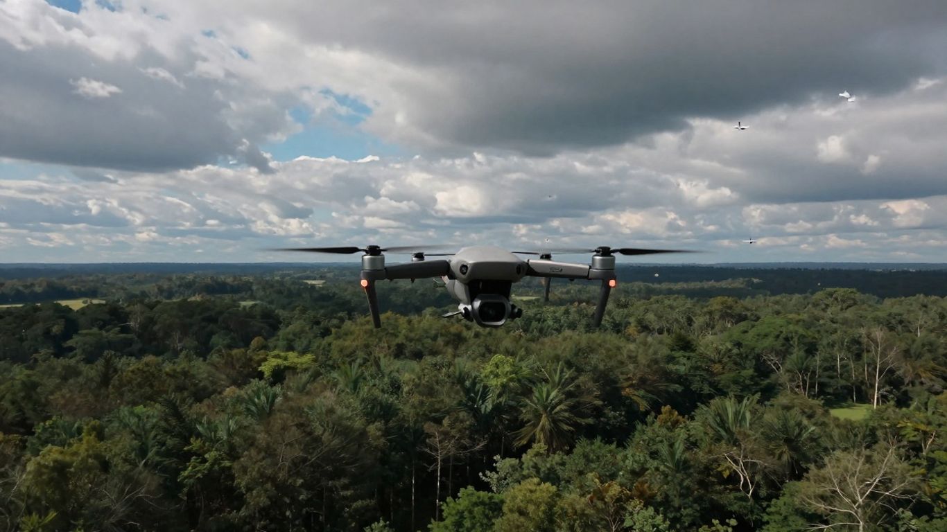 Drone flies over forest with satellites in sky