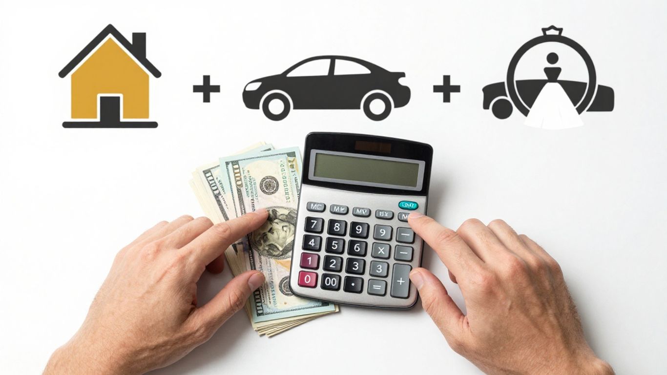 Personal loan uses: home, car, wedding, bills, calculator.