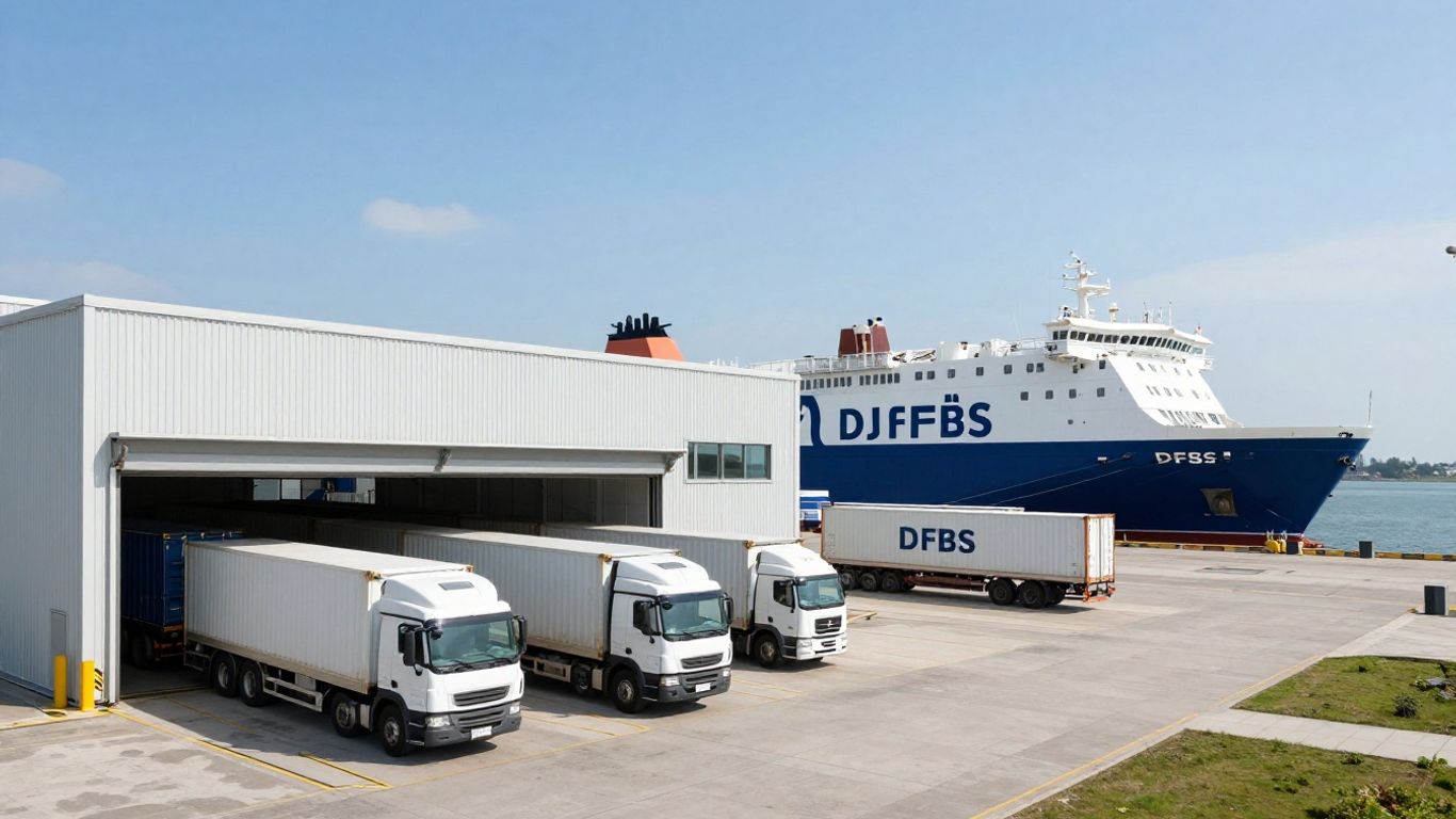 DFDS logistics hub with trucks and ferry.
