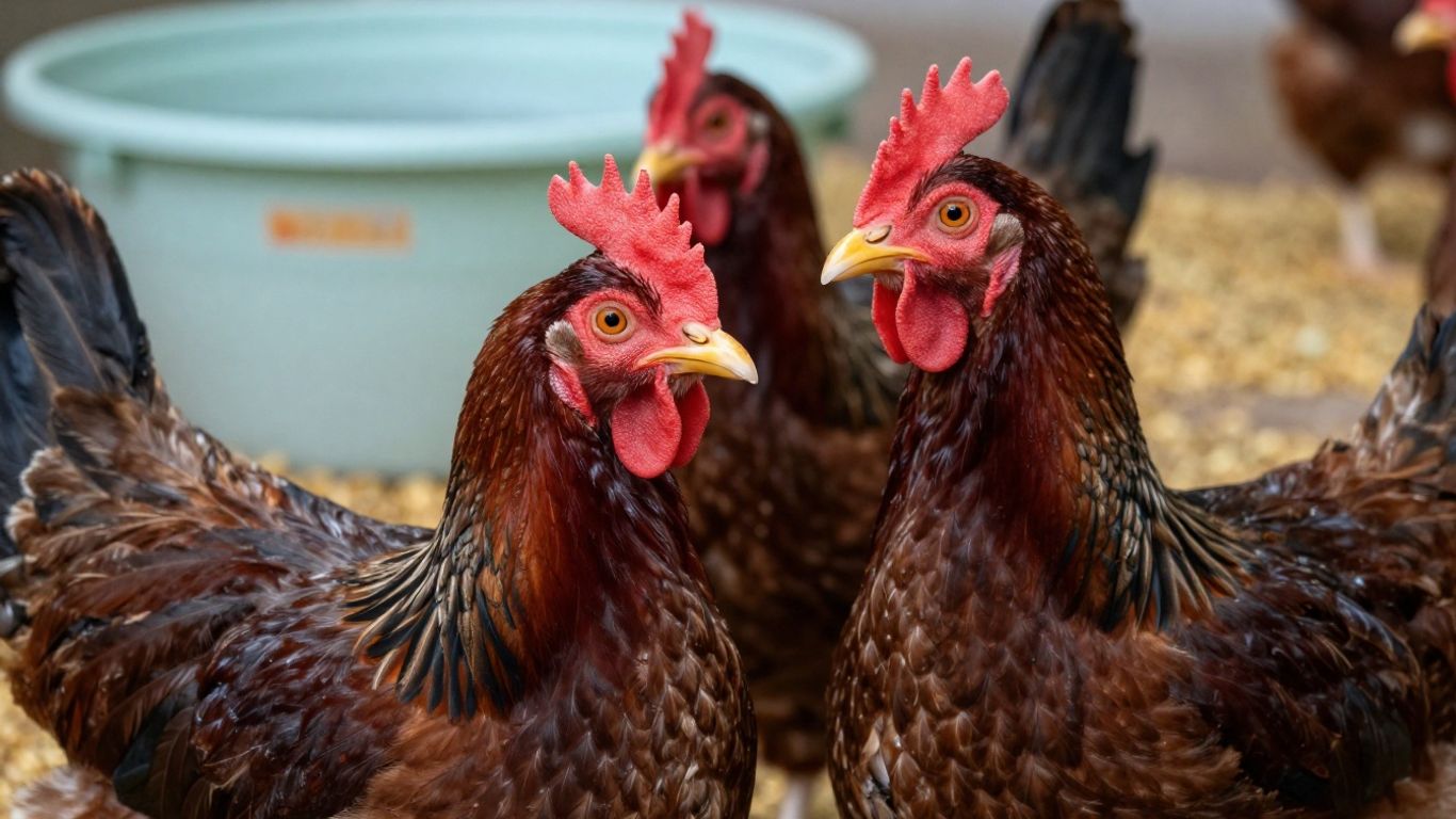 Zdrowy drób, błyszczące pióra, czyste jedzenie i woda.