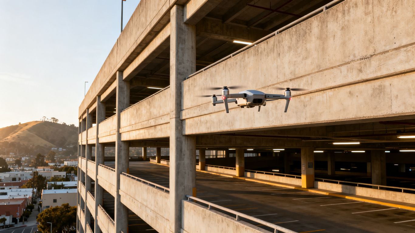 Drone viewing concrete parking garage exterior