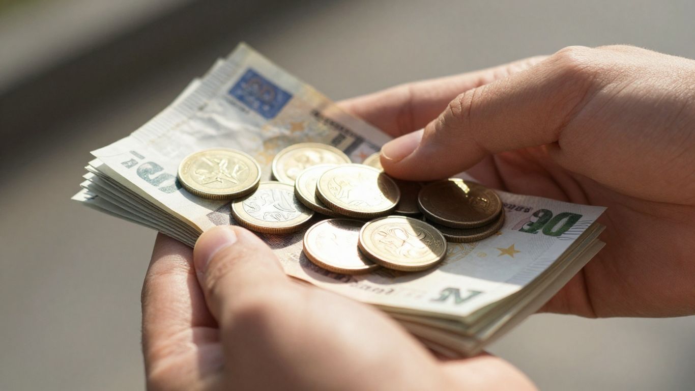 Manos con dinero y monedas, éxito financiero.