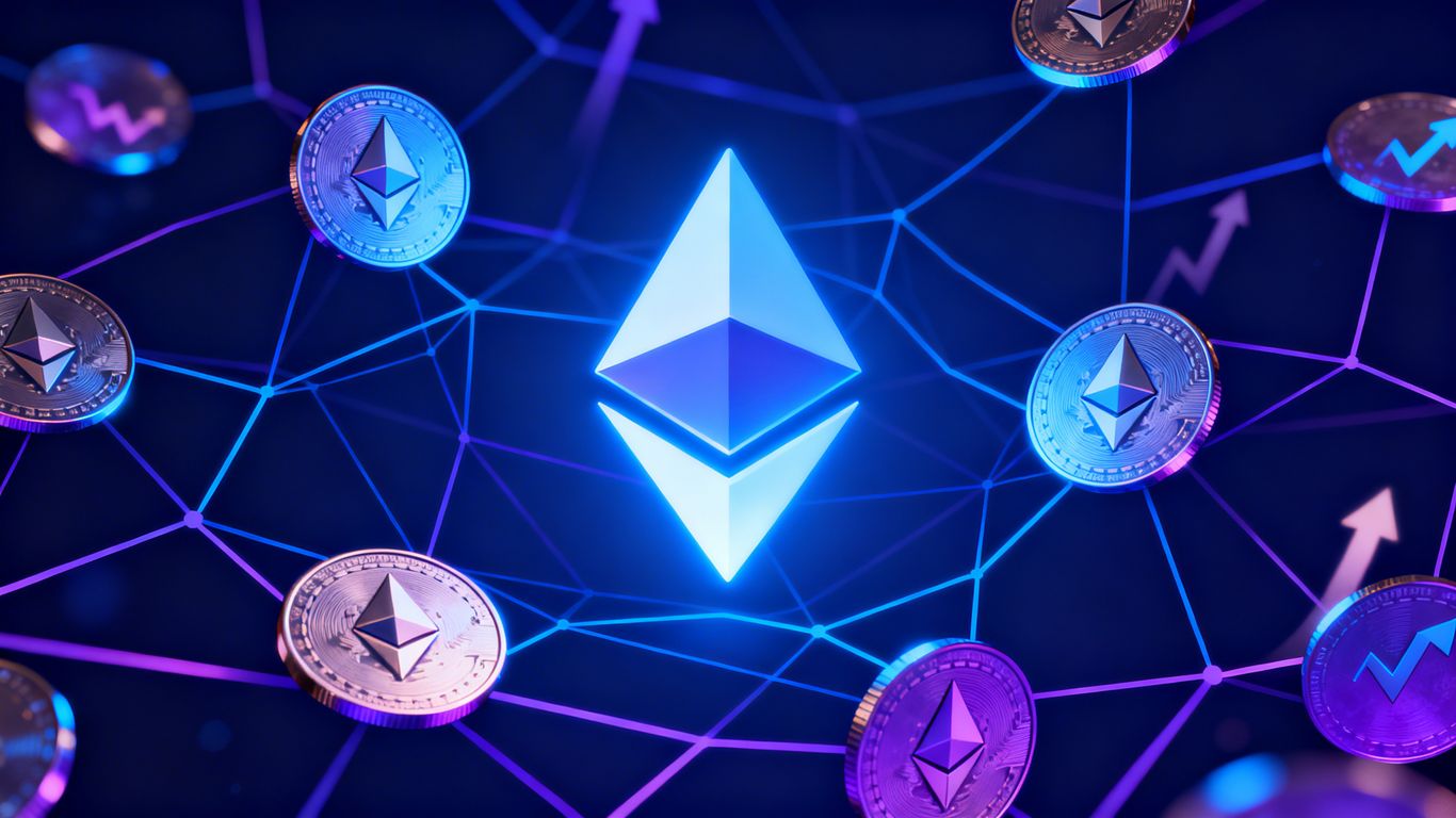 Ethereum logo with digital network and upward financial trend.
