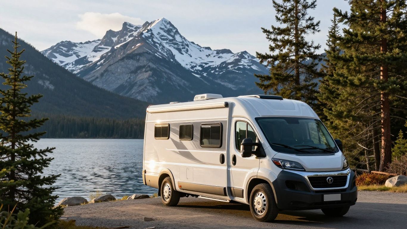 Motorhome parked by a lake in the Canadian wilderness.