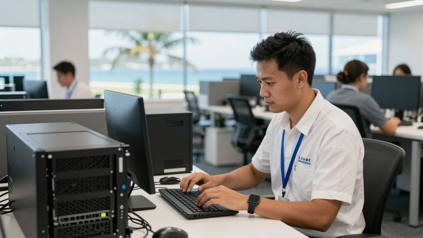Technician reviewing secure office network equipment