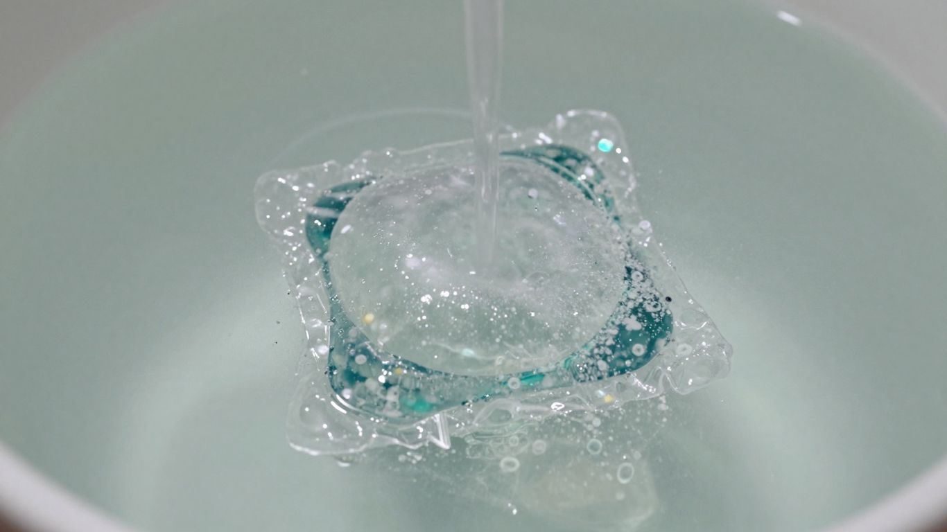 Laundry pod dissolving, releasing microplastic-like particles into water.