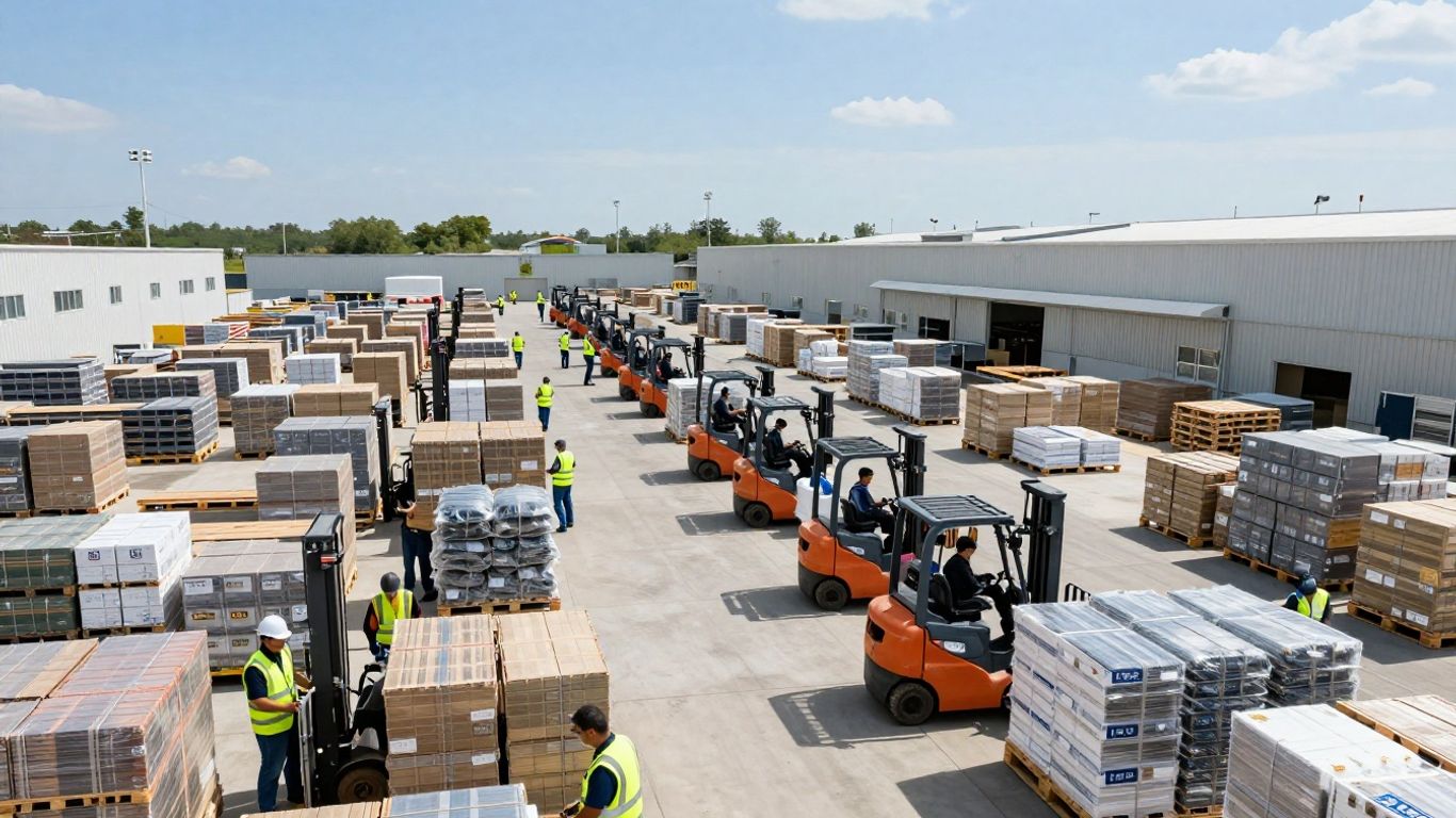 Los Angeles distribution center operations with forklifts and workers.