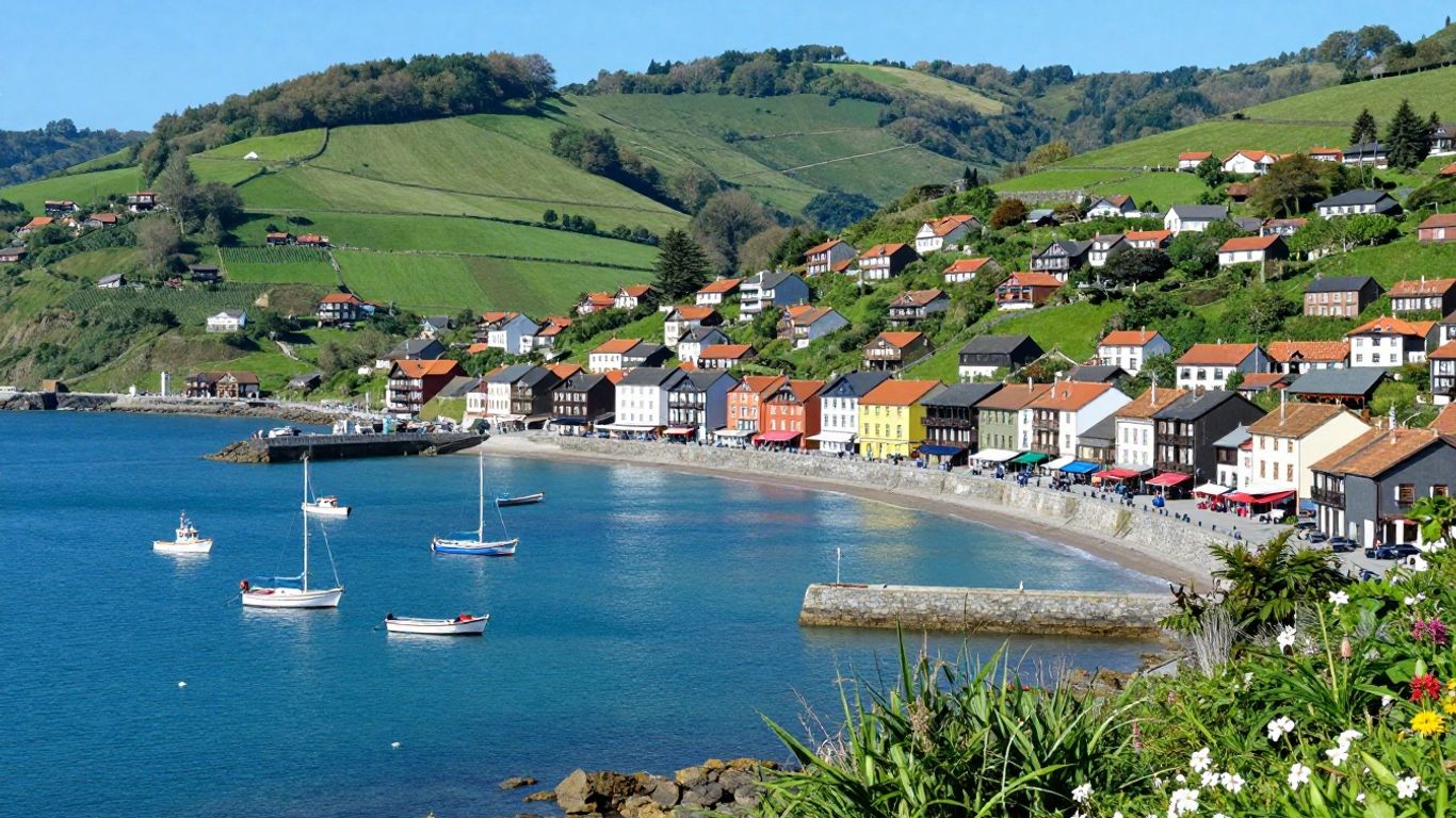Colorful Basque coastal town with boats in the harbor.