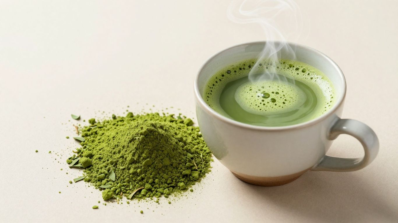 Matcha tea powder and a frothy mug of matcha.